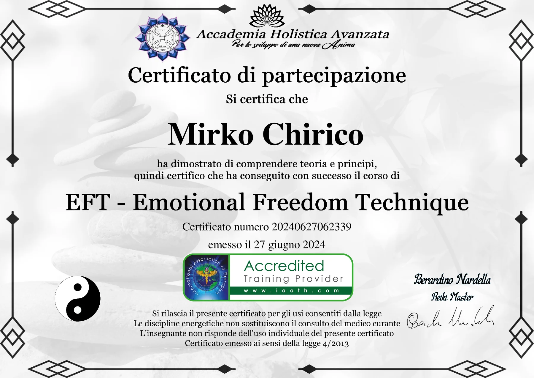 Certificato EFT - Emotional Freedom Technique, Accademia Holistica Avanzata