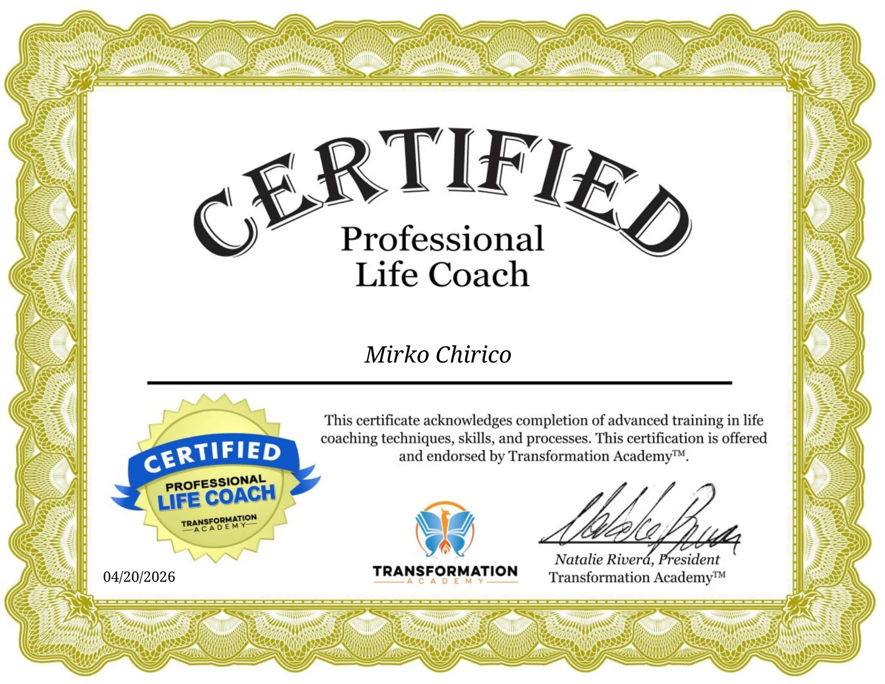 Certificato Certified Professional Life Coach, Transformation Academy