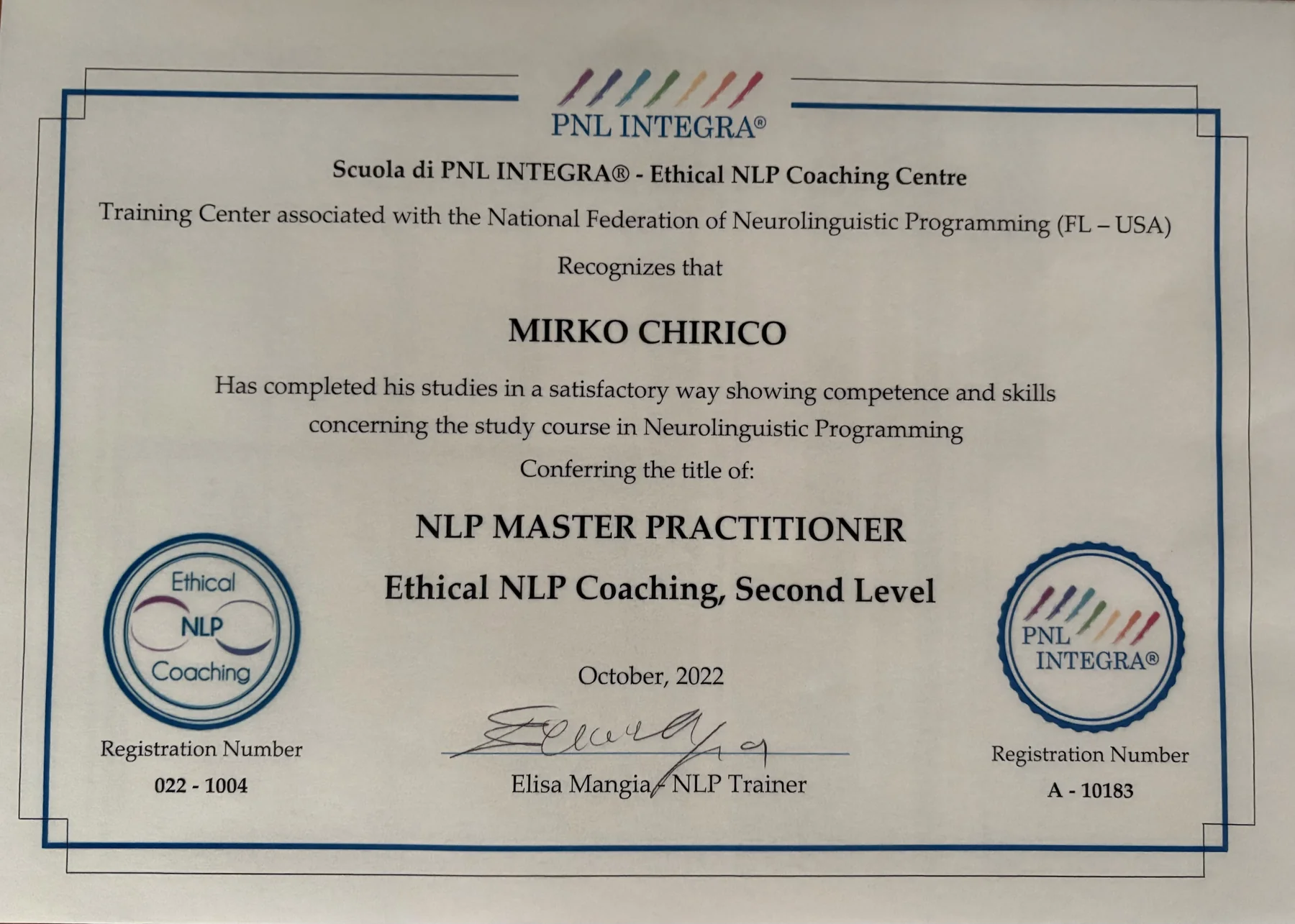 Certificato NLP Master Practitioner, PNL INTEGRA